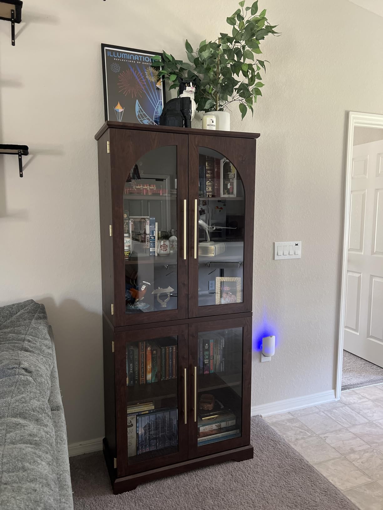 Joaxswe 68 inch Tall Bookcase with 4 Glass Doors, Farmhouse 5 Tire Bookshelf, 3 Tier Adjustable Shelves, Modern Living Room Display Cabinet, Large Storage Cabinet for Home Office, Dining Room, Walnut customer photo 1