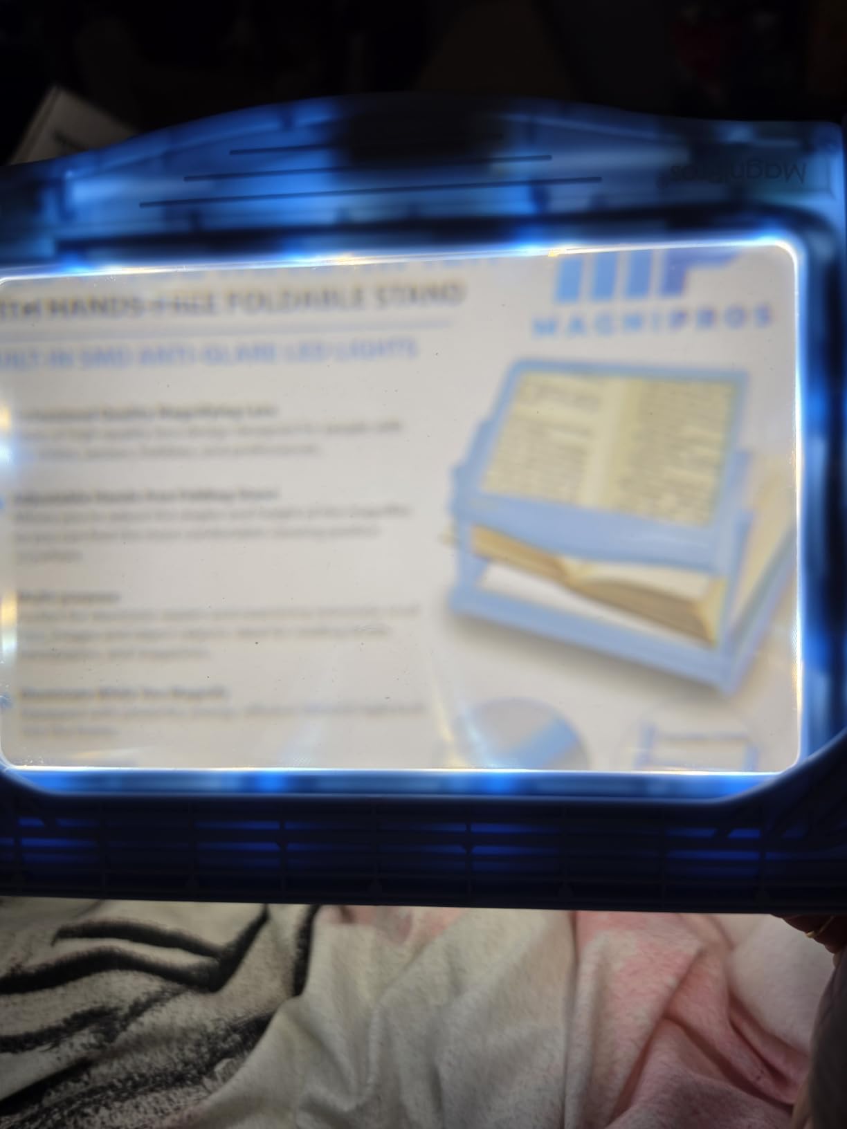 MAGNIPROS 5X Rechargeable LED Page Magnifier with Foldable Stand, Hands-Free Lighted Magnifier with 3 Color Modes, Anti-Glare Lens for Reading Small Print, Low Vision, Seniors, Crafts customer photo 2