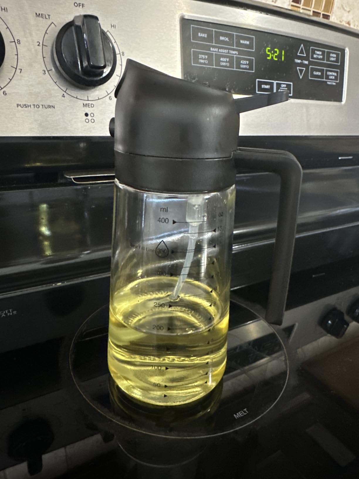 TrendPlain 16oz/470ml Glass Olive Oil Sprayer for Cooking – 2 in 1 Olive Oil Dispenser Bottle for Kitchen Gadgets and Air Fryer Accessories, Salad, BBQ - Black customer photo 1
