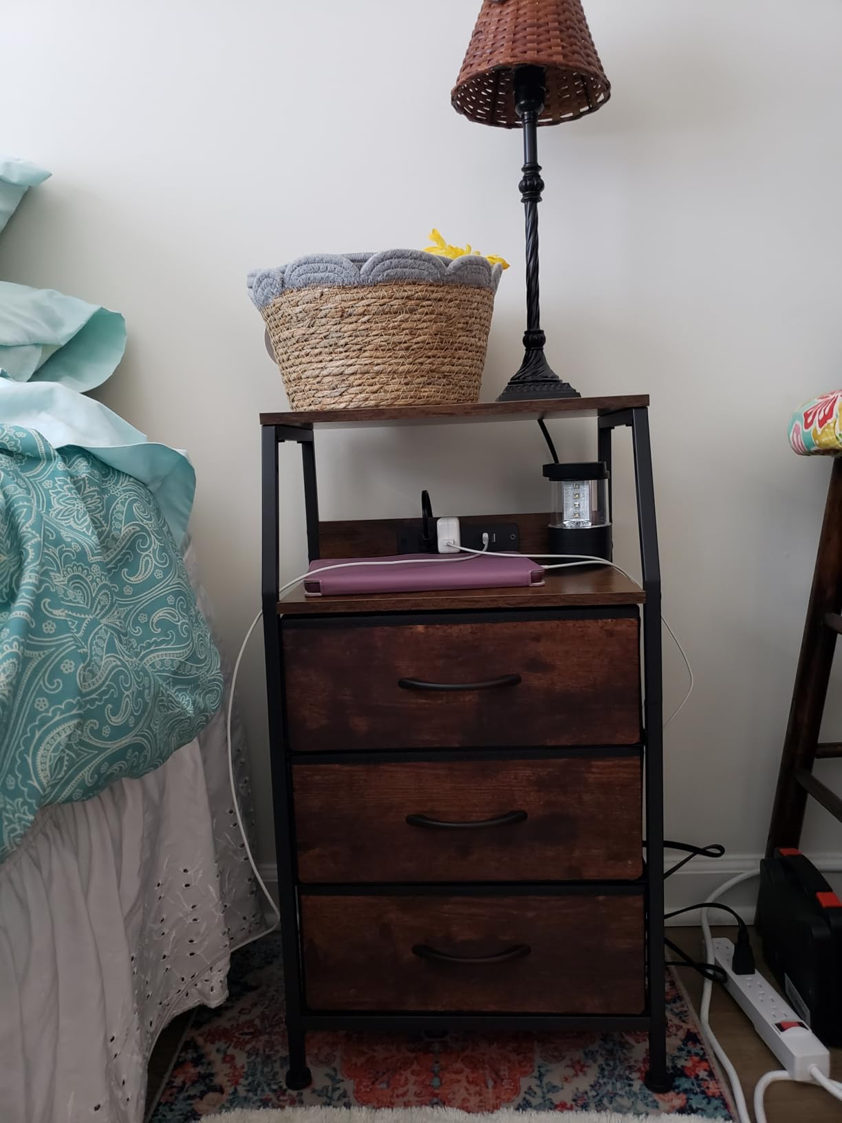 Furnulem Night Stand with Charging Station, 3 Fabric Drawers Bedside Table customer photo 2