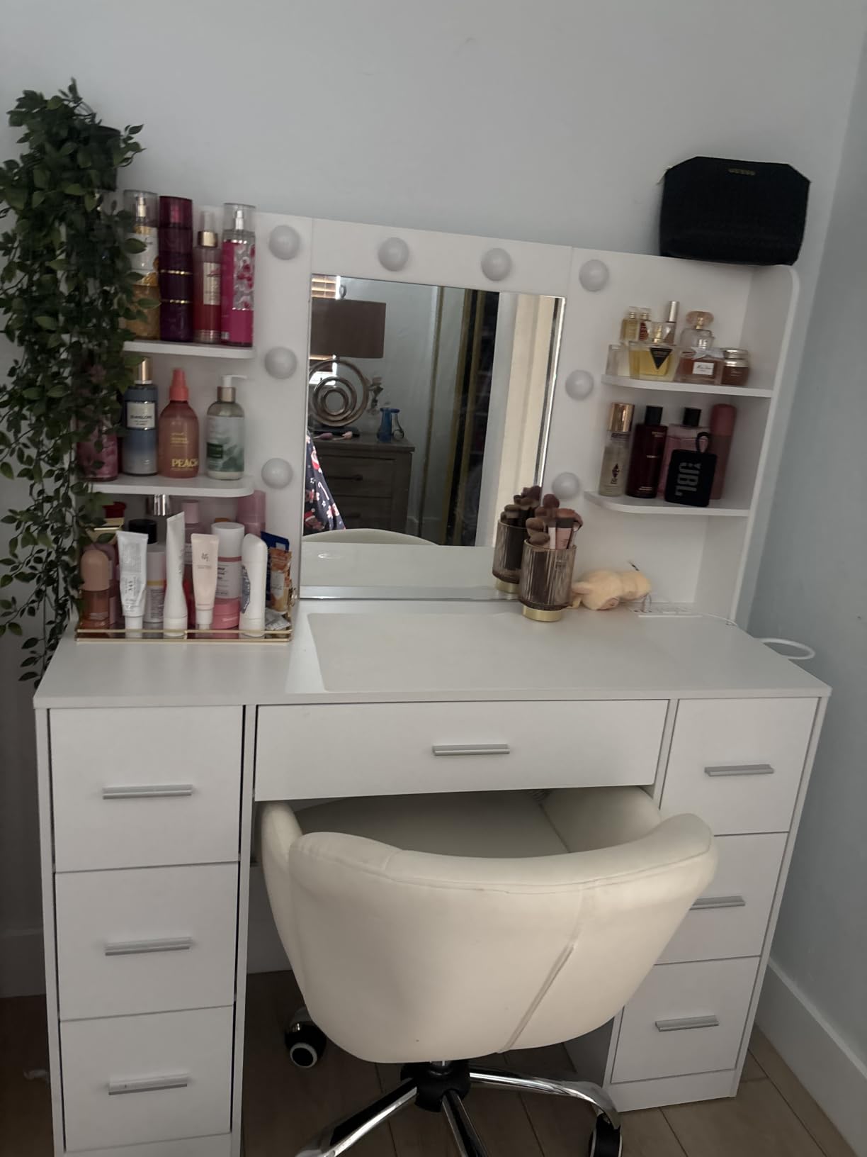 Furmax Vanity Desk with LED Mirror,Power Outlet,7 Drawers Makeup Table customer photo 2