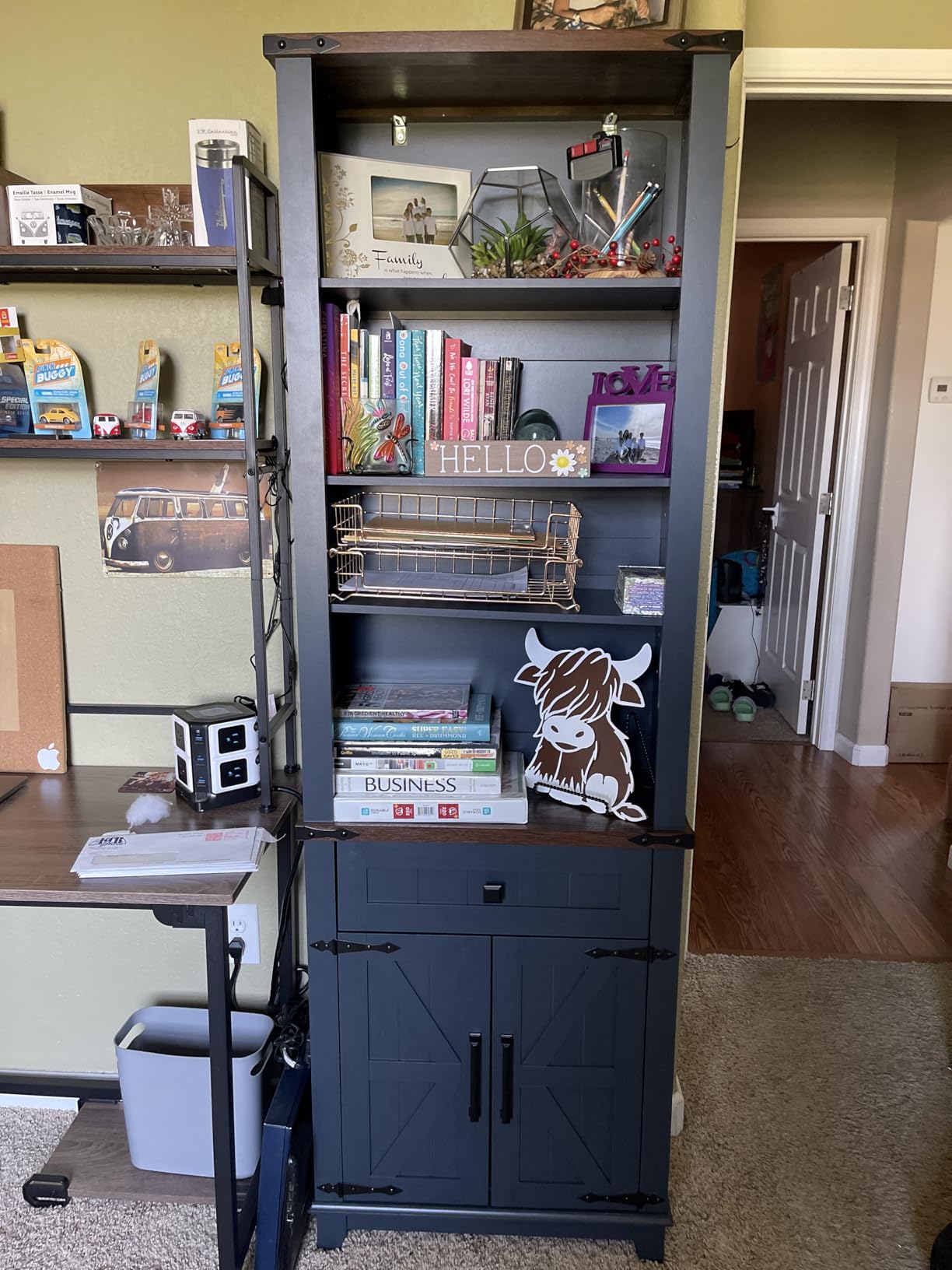 Joaxswe 72in Tall Bookshelf 7 Tier Bookcase with Drawer and Barn Doors and Adjustable Shelves, White Farmhouse Book Shelf with Storage Cabinet, Wood Freestanding Display Bookshelves for Living Room customer photo 1