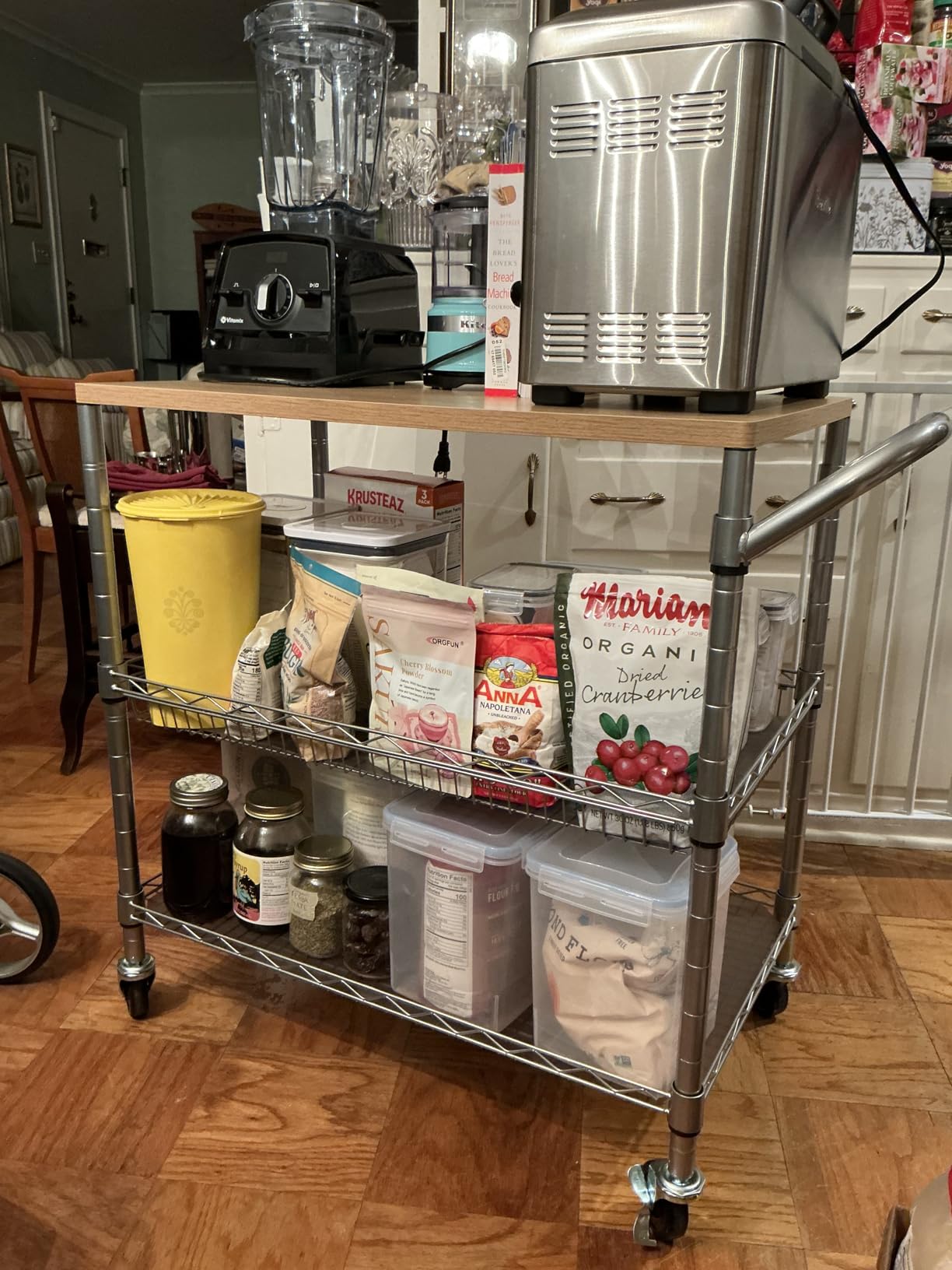 3 Tier Rolling Kitchen Carts on Wheels with Storage,650Lbs Heavy Duty Utility Carts with Wheels,Kitchen Island with Wood Tabletop,Metal Serving Rolling Cart for Small Appliance Food Cart,Wood+Metal customer photo 1