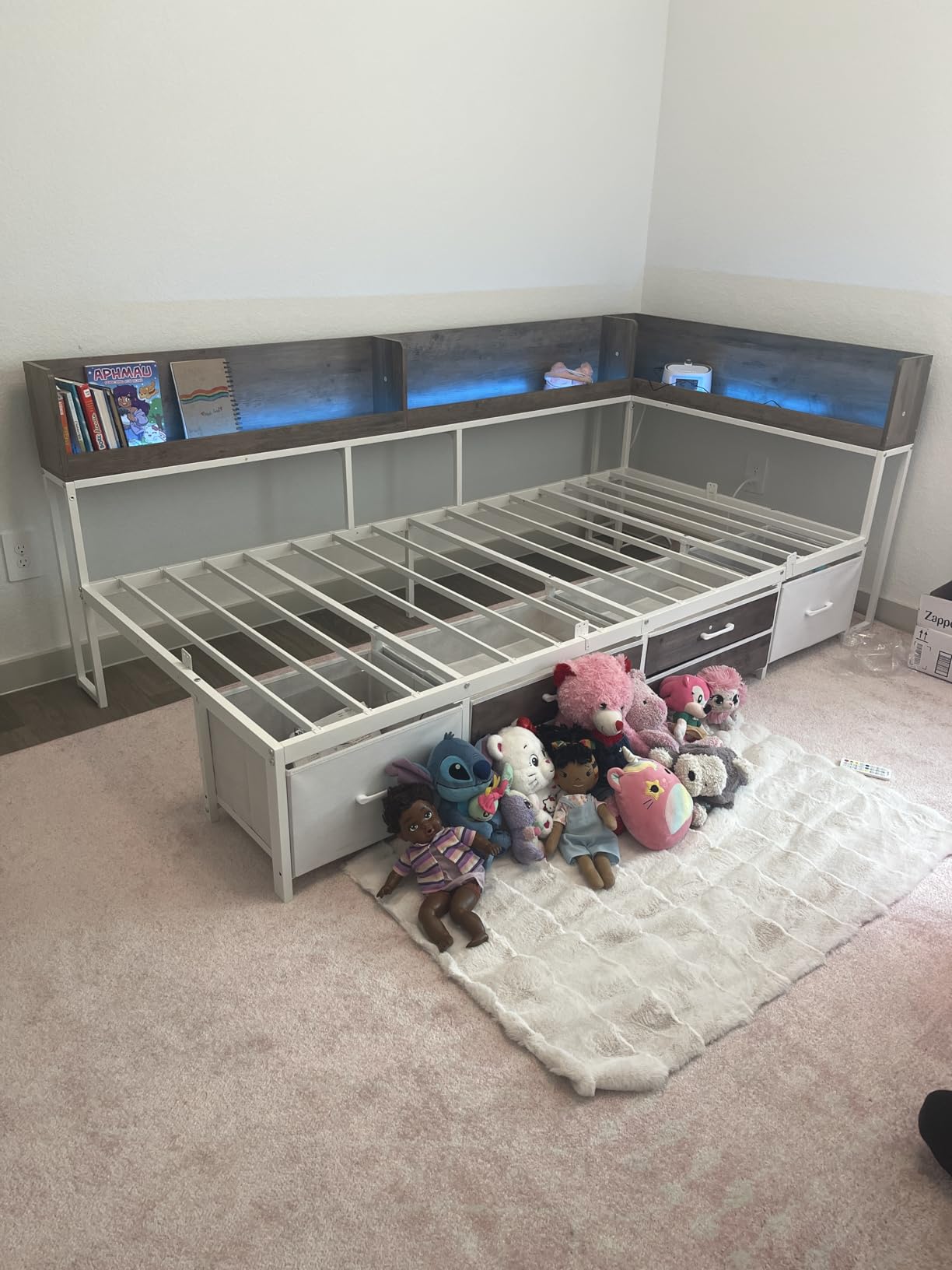 MSmask 14 Inch Corner Bed Frame with Bookcase Storage, Full Daybed with 6 Drawers, Charging Station and LED Light, Full Size Metal Platform Bed Frame for Kids Teenagers, Black & Vintage Brown customer photo 1