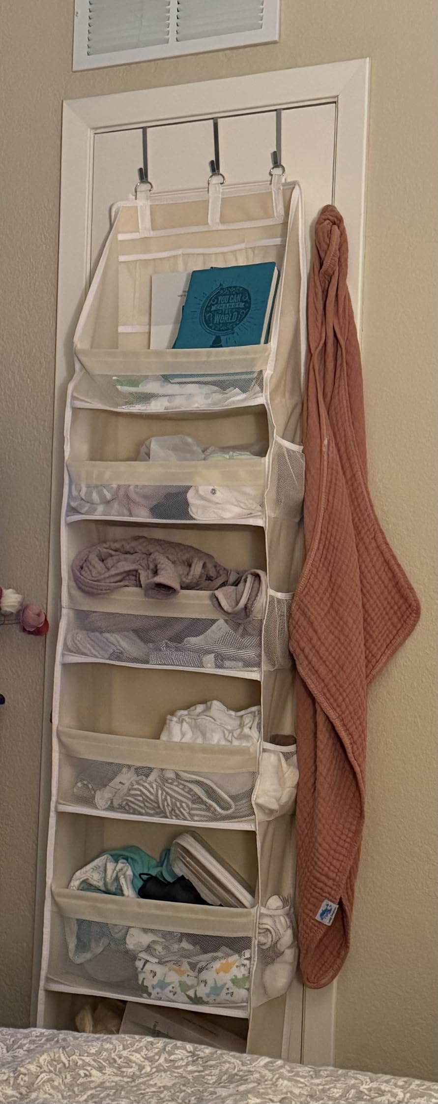 Criusia Over the Door Organizer, 6-Shelf Closet Hanging Storage with 13 Mesh Pockets, 55lbs Capacity Behind the Door Storage for Baby Nursery, Bathroom, Bedroom, and Dorm, Beige customer photo 1