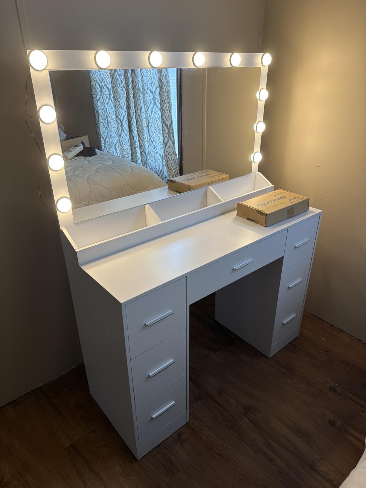 FIONESO Vanity with Large Mirror and 12 LED Lights, Vanity Desk with 7 Drawers & Hairdryer Holder, Makeup Vanity Desk with Charging Station for Women, Girls, 3 Lighting Color Adjustable, White customer photo 1