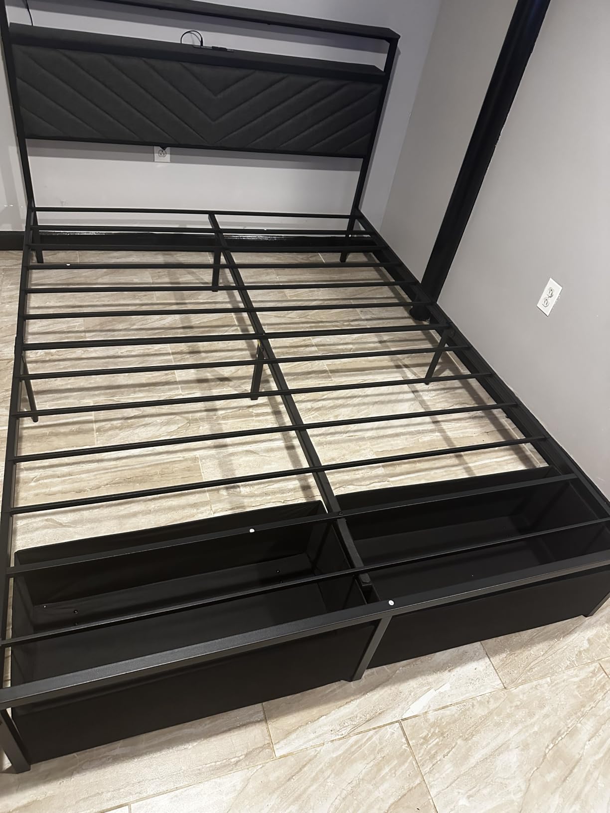 Fluest Twin Bed Frame with Storage Drawers, Upholstered Headboard with Charging Station, LED Lights, Fabric Drawers with Wheels, Under Bed Storage, No Box Spring Needed, Easy Assembly, Grey customer photo 2