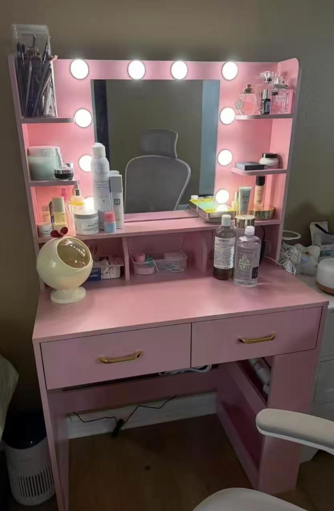 COMHOMA Vanity Desk with 3-Way Mirror and Lights, Makeup Vanity with 360° View Mirror, 3 Lighting Modes, 6 Drawers,Storage Cabinet Fluted Wood Vanity Table with Jewelry Hook for Women Girls customer photo 2