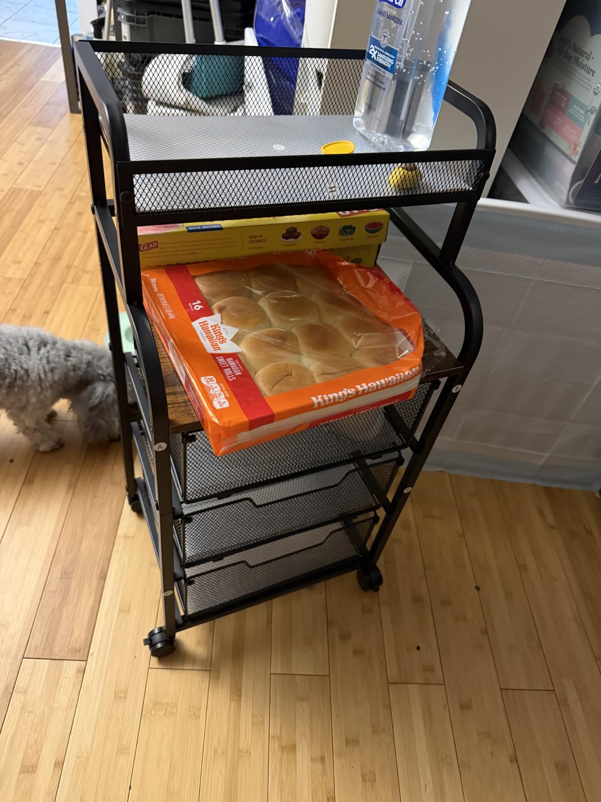 4-Tier Fruit Vegetable Storage Cart - Kitchen Organizer and Storage Cart with Wheels, Wooden Top Metal Wire Fruit Vegetable Rack Stand with Drawers to Storage Cans Snacks for Kitchen(Patent Pending) customer photo 2